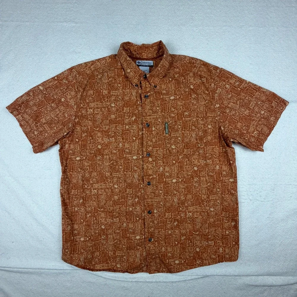 Columbia Mens AM7958 Short Sleeve Button Up Shirt Orange Block Print Large